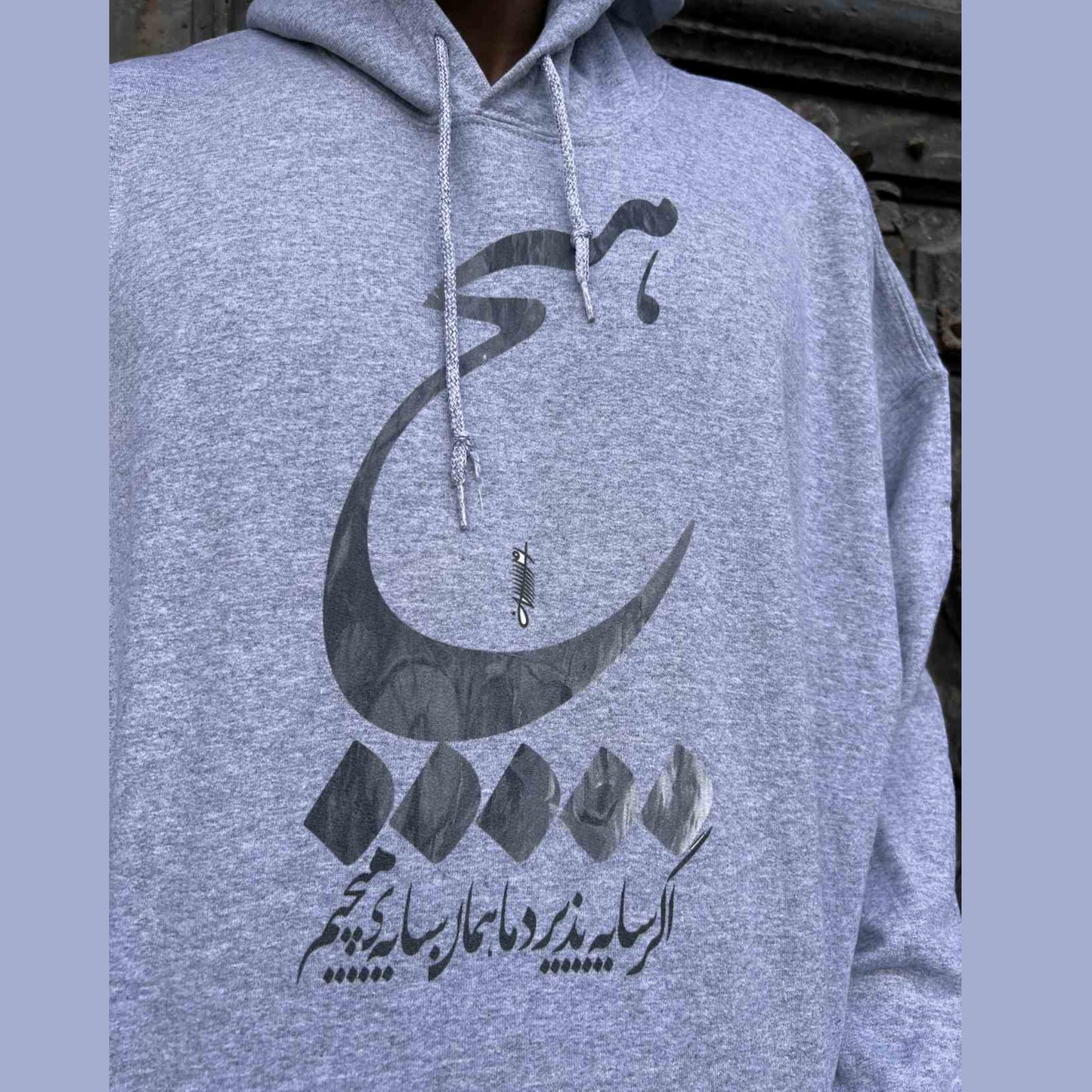 Unisex gray hoodie with bold ‘Hich’ (هیچ) Persian calligraphy print – modern graphic streetwear with Farsi typography, artsy fashion hoodie trending in USA and Canada.
