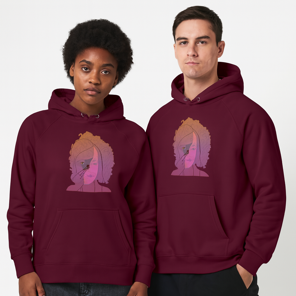 Unisex burgundy hoodie with afro portrait line art design on the front