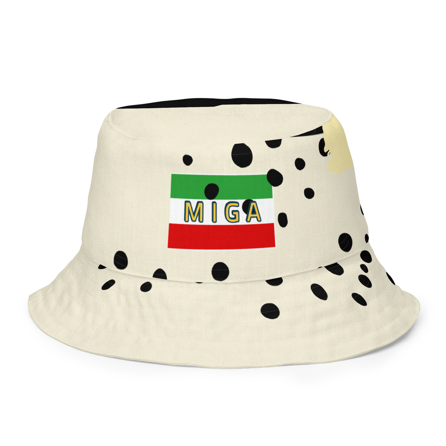 MIGA bucket hat with polka dot design, Persian lion emblem, and Make Iran Great Again flag, fashion accessory