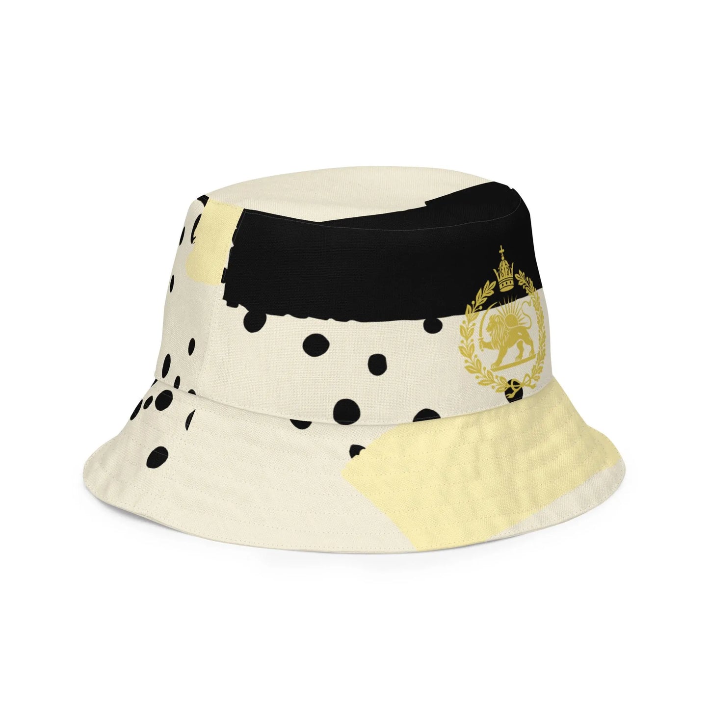 MIGA bucket hat with polka dot design, Persian lion emblem, and Make Iran Great Again flag, fashion accessory
