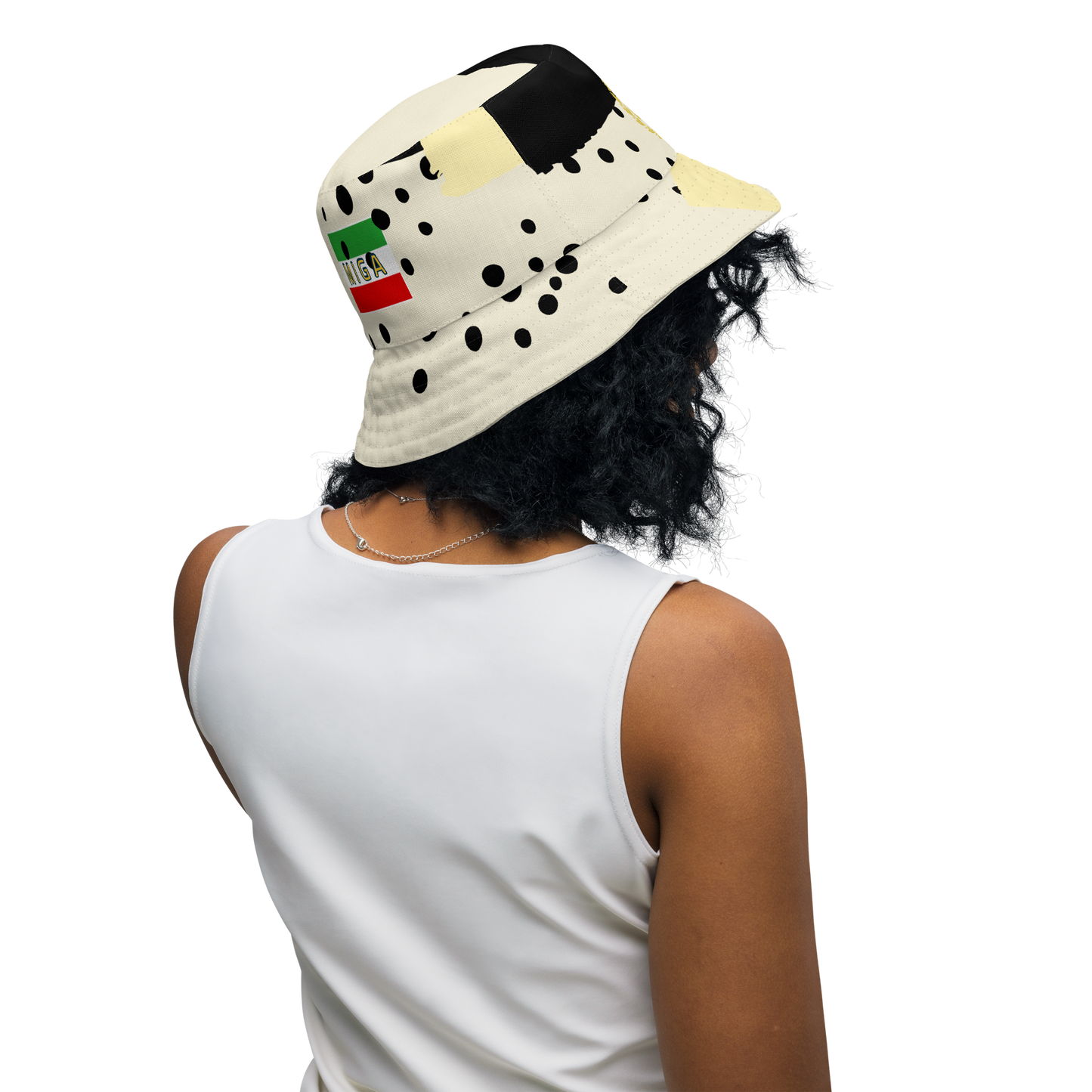 MIGA bucket hat with polka dot design, Persian lion emblem, and Make Iran Great Again flag, fashion accessory