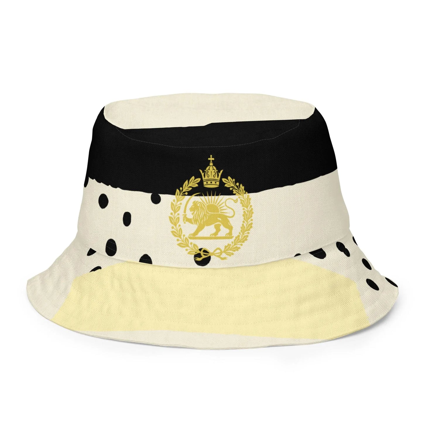 MIGA bucket hat with polka dot design, Persian lion emblem, and Make Iran Great Again flag, fashion accessory