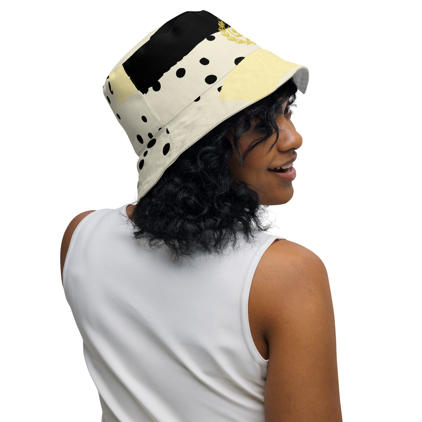 MIGA bucket hat with polka dot design, Persian lion emblem, and Make Iran Great Again flag, fashion accessory