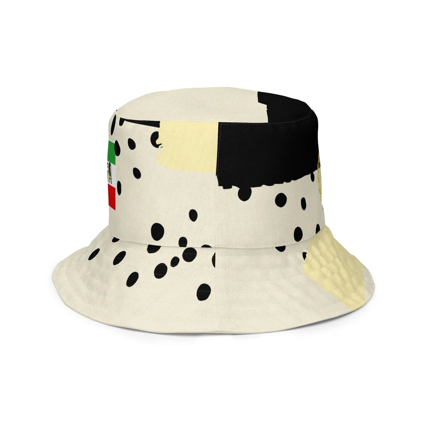 MIGA bucket hat with polka dot design, Persian lion emblem, and Make Iran Great Again flag, fashion accessory