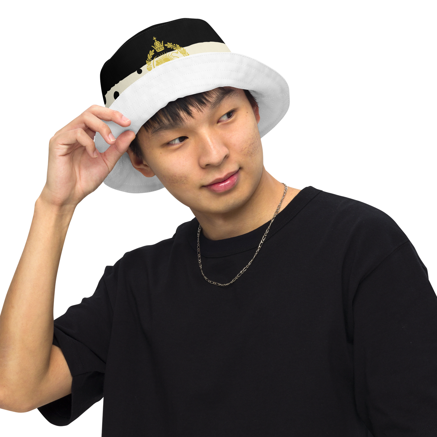 MIGA bucket hat with polka dot design, Persian lion emblem, and Make Iran Great Again flag, fashion accessory