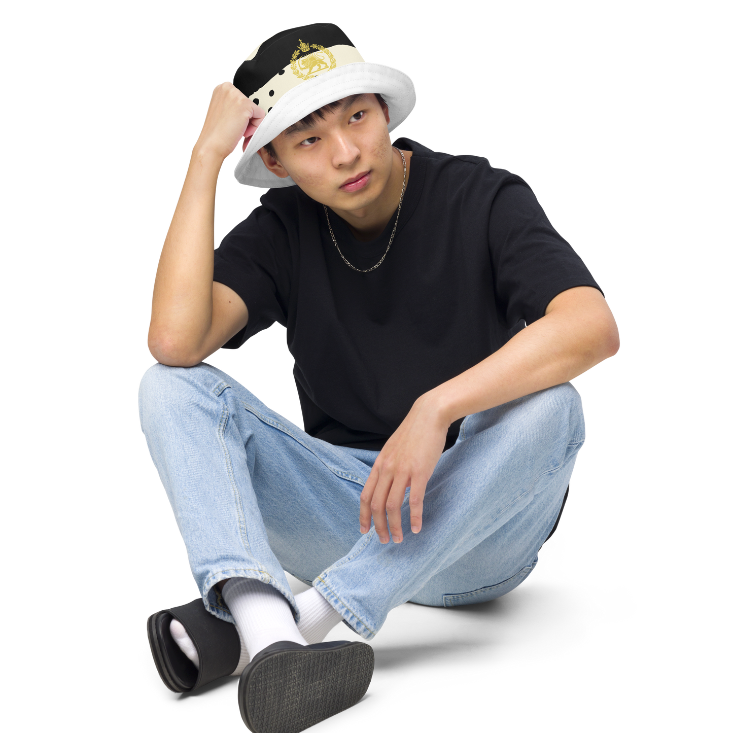 MIGA bucket hat with polka dot design, Persian lion emblem, and Make Iran Great Again flag, fashion accessory