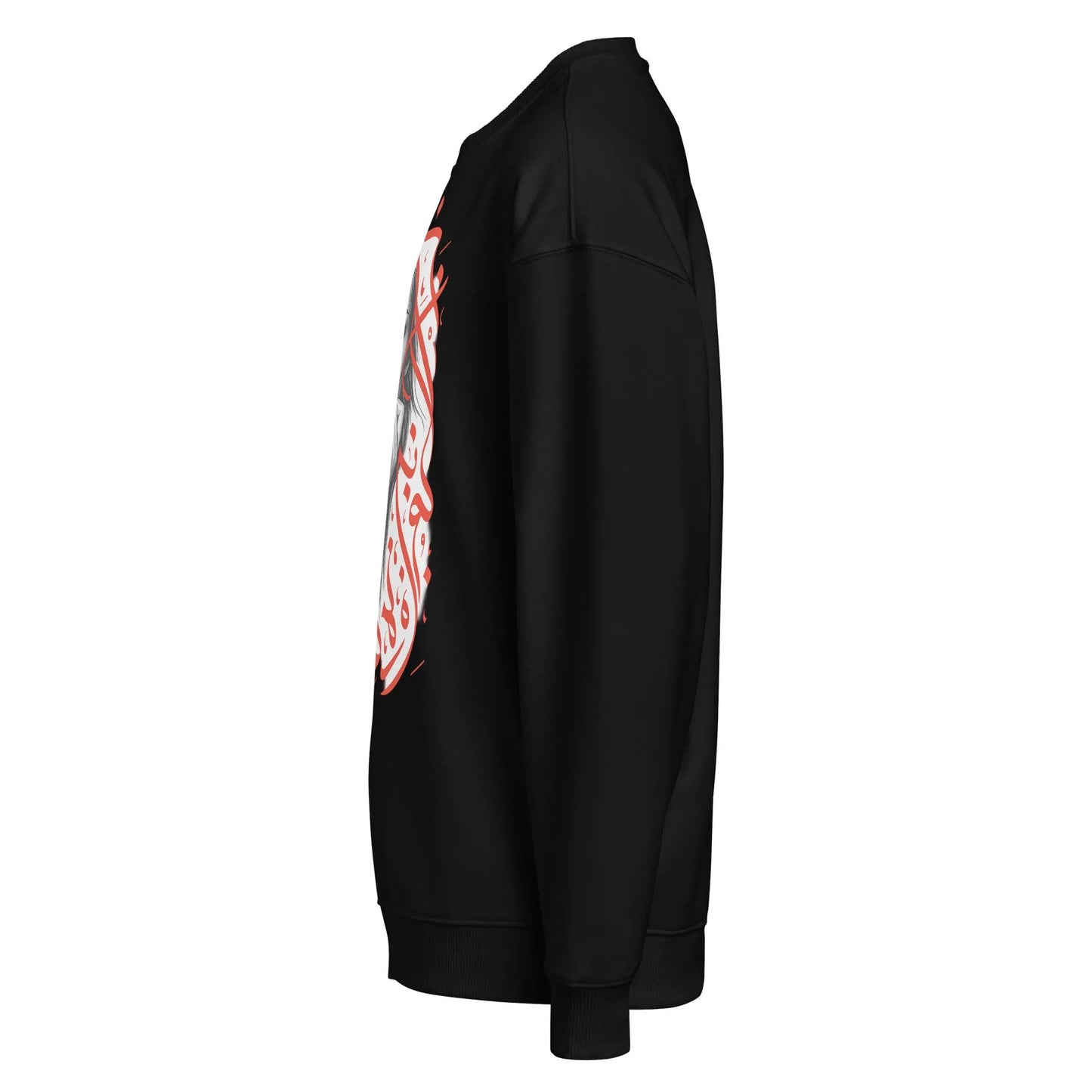 Unisex black graphic sweatshirt featuring a hand-drawn woman portrait and bold red script design. Artistic, oversized streetwear style.