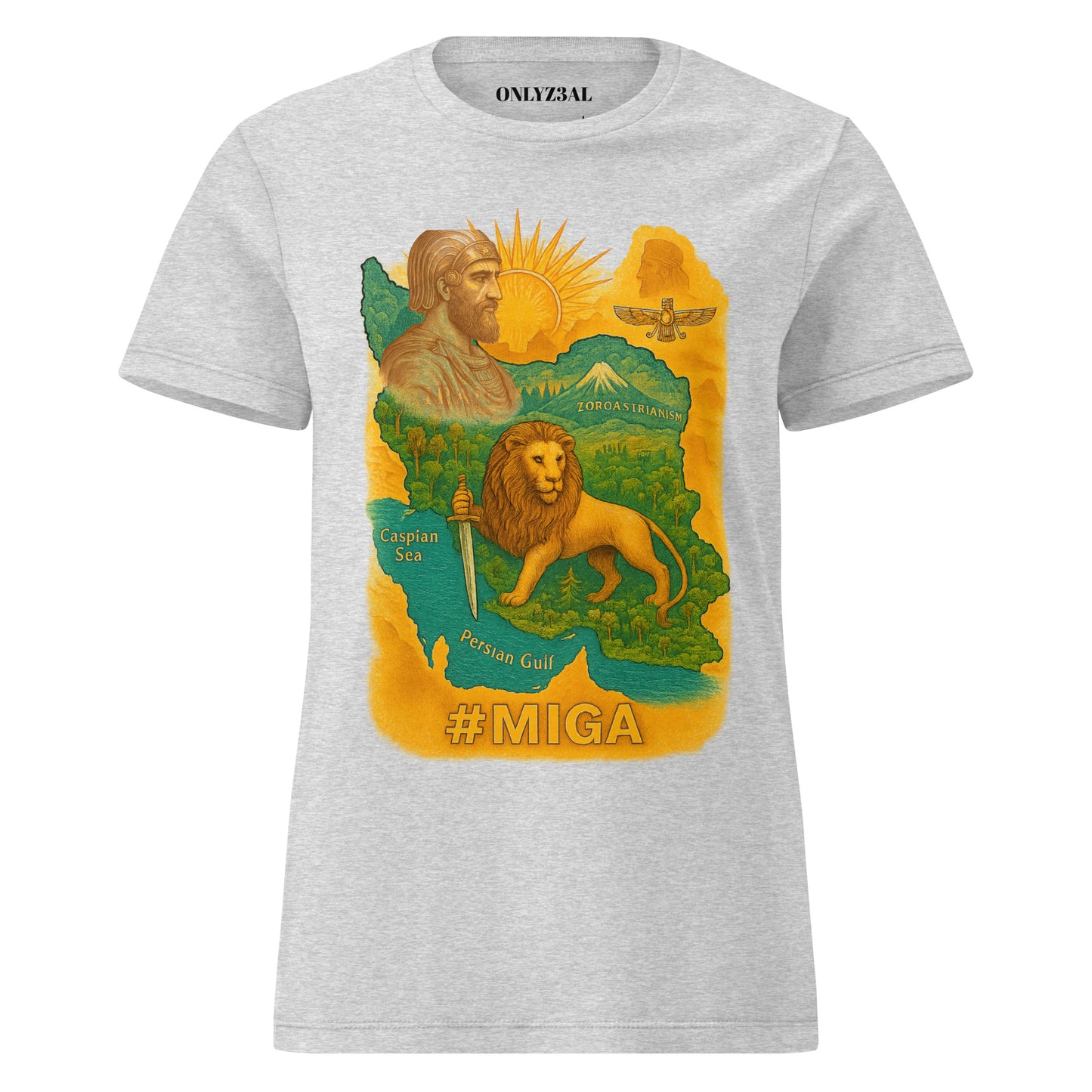 grey Miga T-shirt featuring a Persian heritage design with Cyrus the Great, rising lion and sun symbol, inspired by ancient Zoroastrian art
