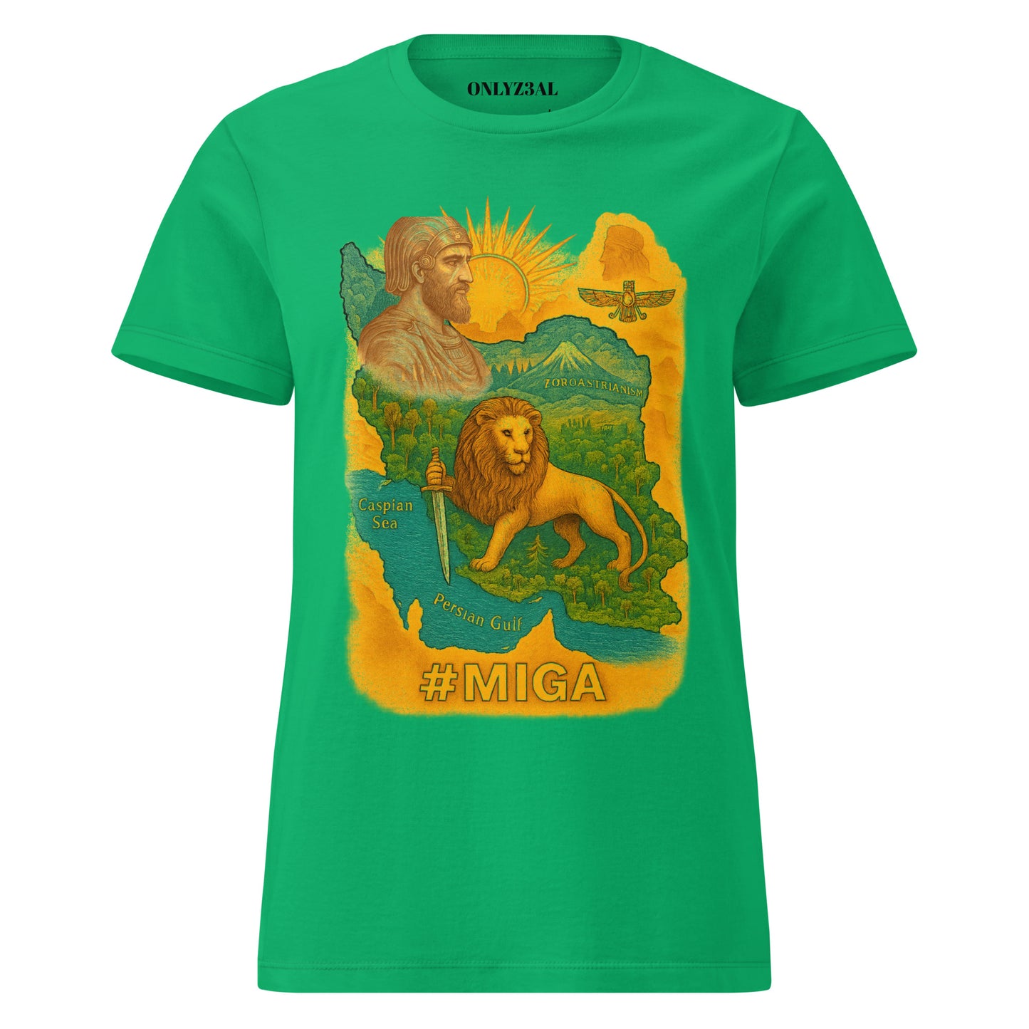 green unisex T-shirt featuring a Persian heritage design with Cyrus the Great, rising lion and sun symbol, inspired by ancient Zoroastrian art