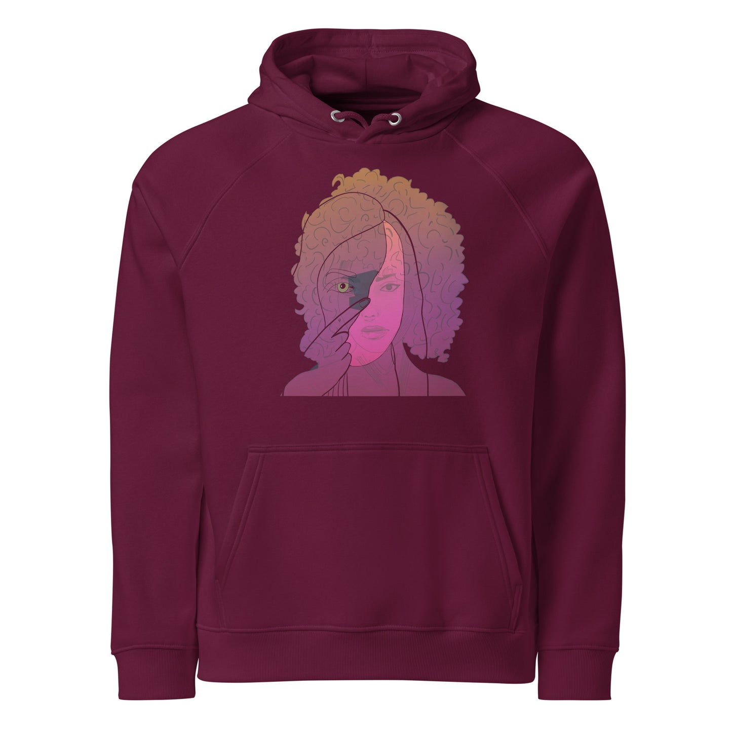 Unisex burgundy hoodie with afro portrait line art design on the front