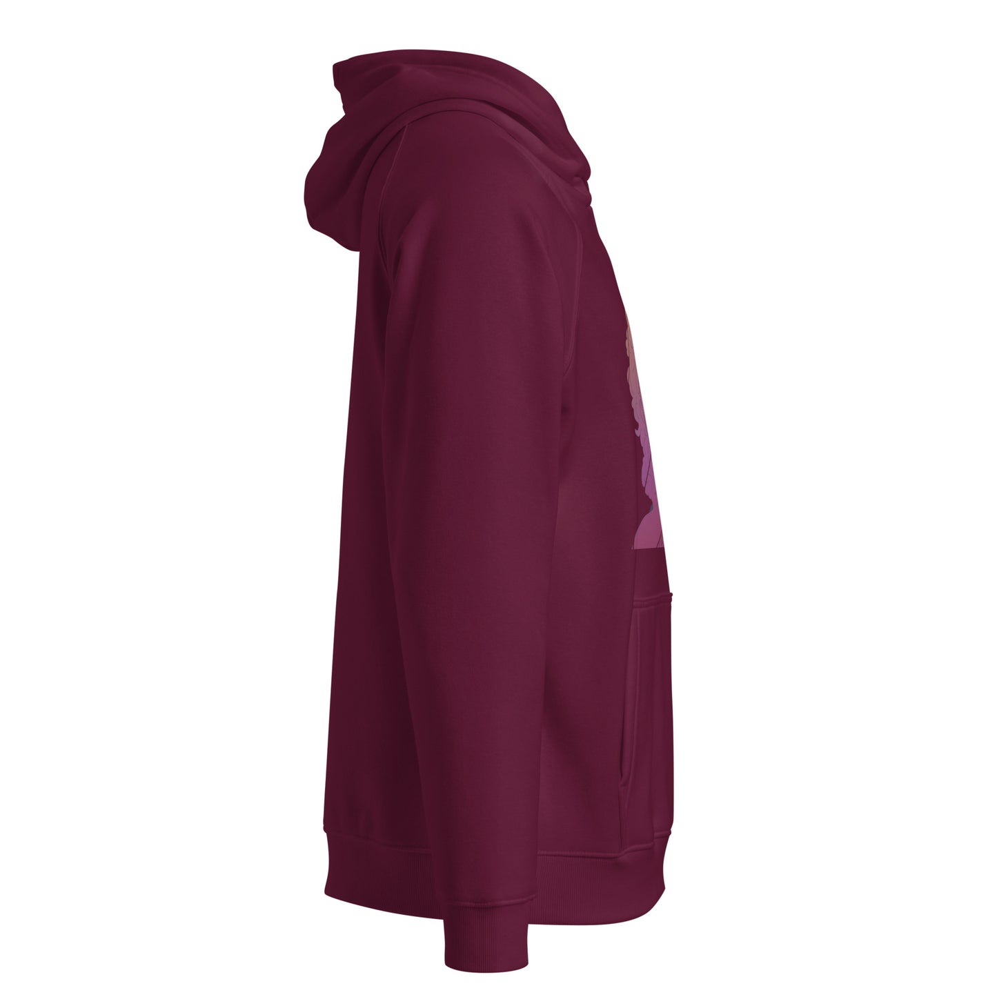Modern afro-inspired art hoodie in burgundy, sustainable fashion