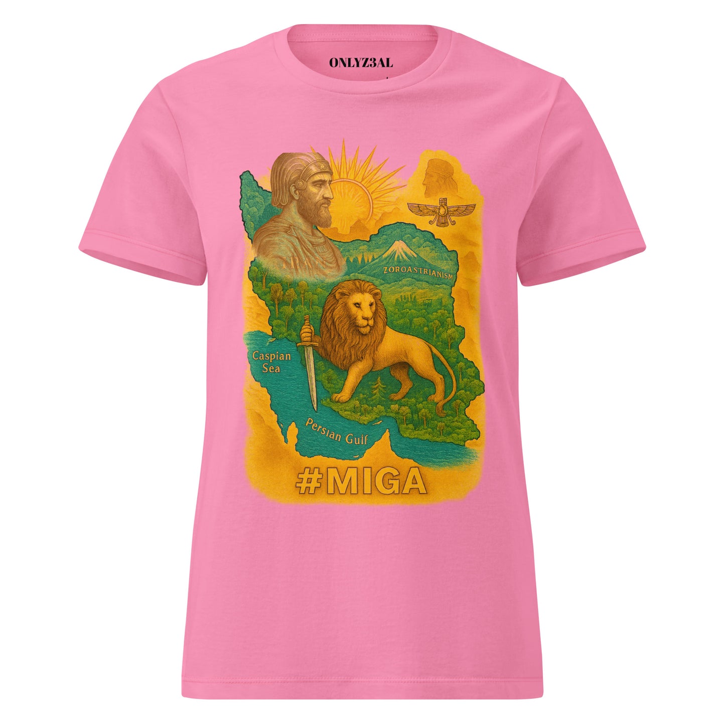 Pink unisex T-shirt featuring a Persian heritage design with Cyrus the Great, rising lion and sun symbol, inspired by ancient Zoroastrian art