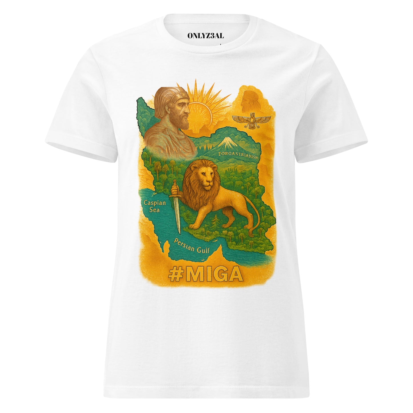 What Miga T-shirt featuring a Persian heritage design with Cyrus the Great, rising lion and sun symbol, and inspired by ancient Zoroastrian art
