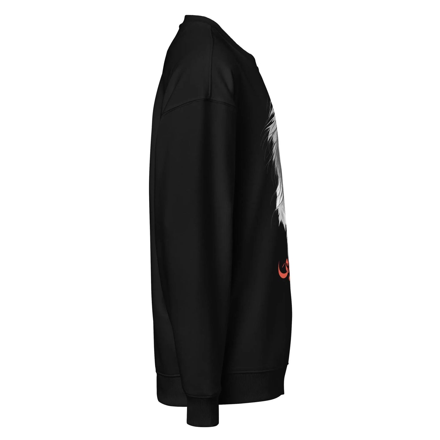 Unisex black graphic sweatshirt featuring a hand-drawn woman portrait and bold red script design. Artistic, oversized streetwear style.