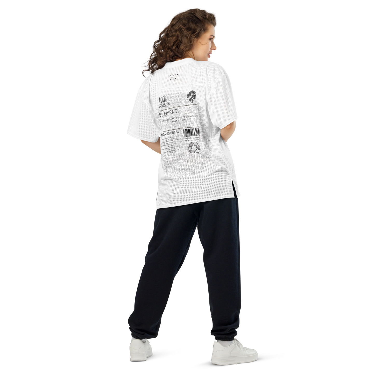 100% Persian unisex American football mesh jersey with black graphic design, breathable loose fit, and lightweight streetwear style.