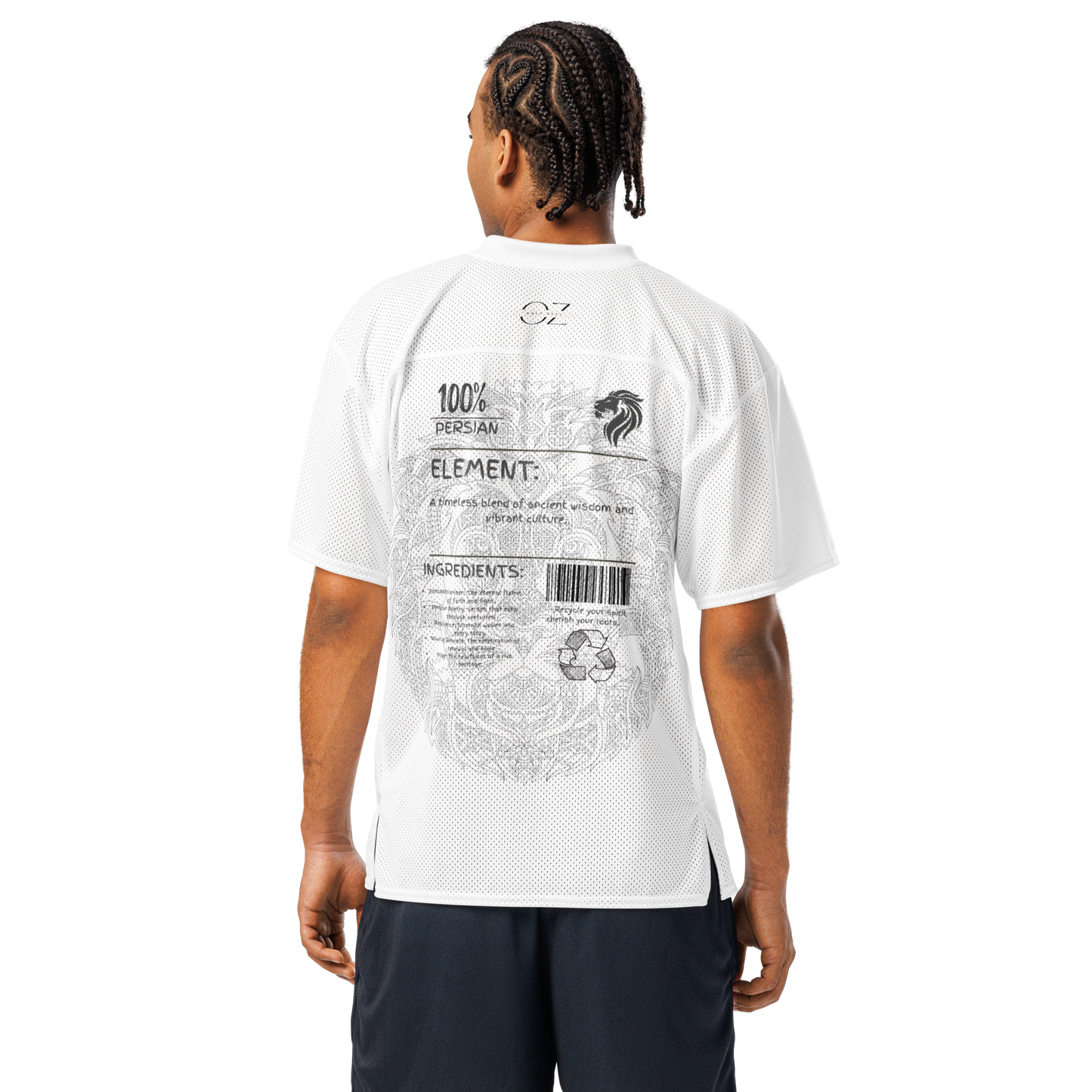 Person wearing a white t-shirt with text and graphics on the back, standing against a white background