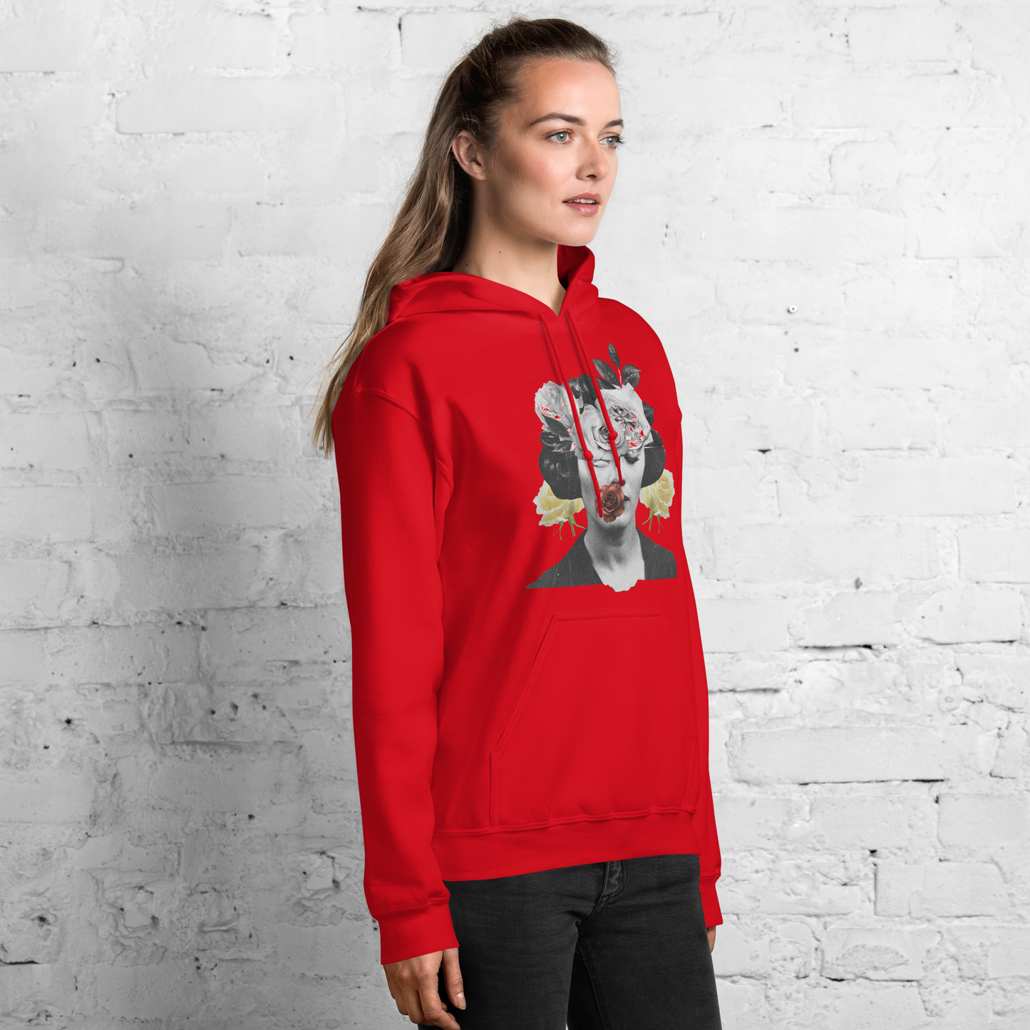 Red unisex graphic hoodie with bold floral portrait artwork