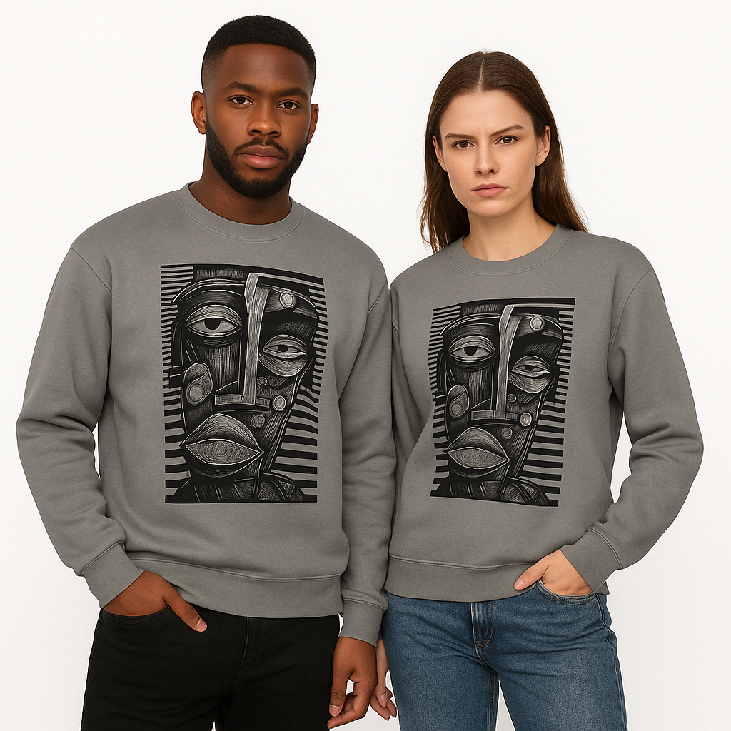 Two people wearing gray sweatshirts with a face design on a white background