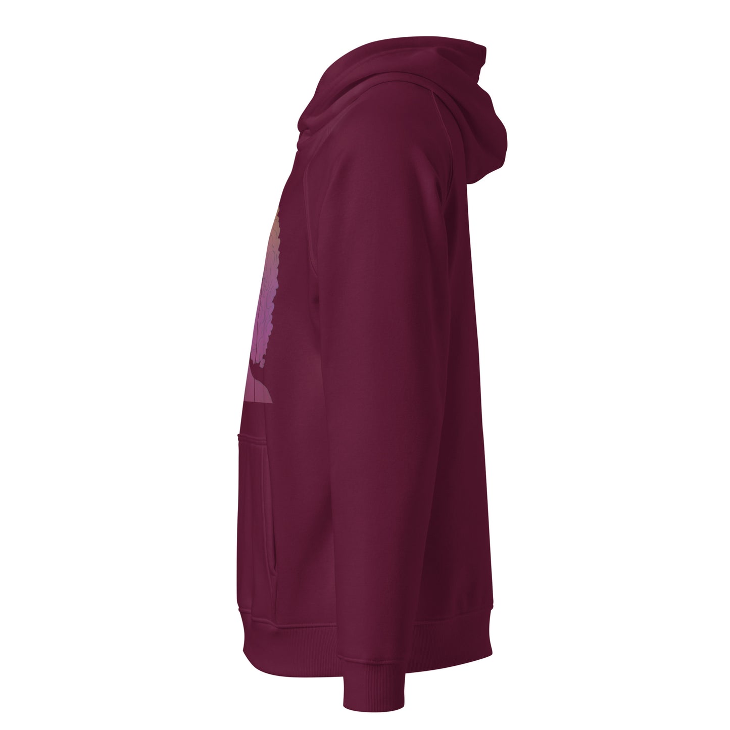 Eco-friendly burgundy hoodie featuring artistic afro-inspired portrait print
