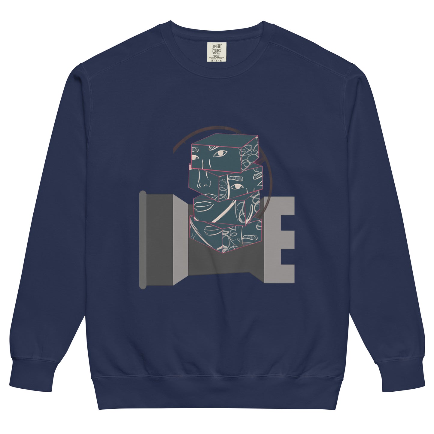Navy blue sweatshirt featuring an abstract chess rook and fragmented face design, blending strategy and modern art.