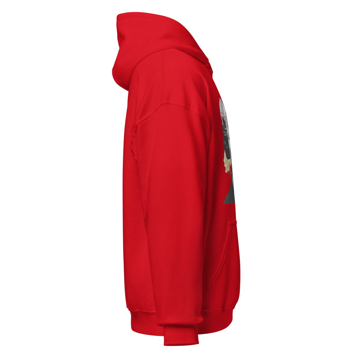 Red graphic hoodie for men and women with bold floral portrait artwork