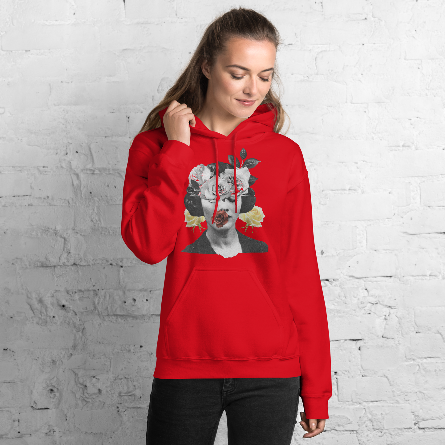 Red unisex graphic hoodie with bold floral portrait artwork