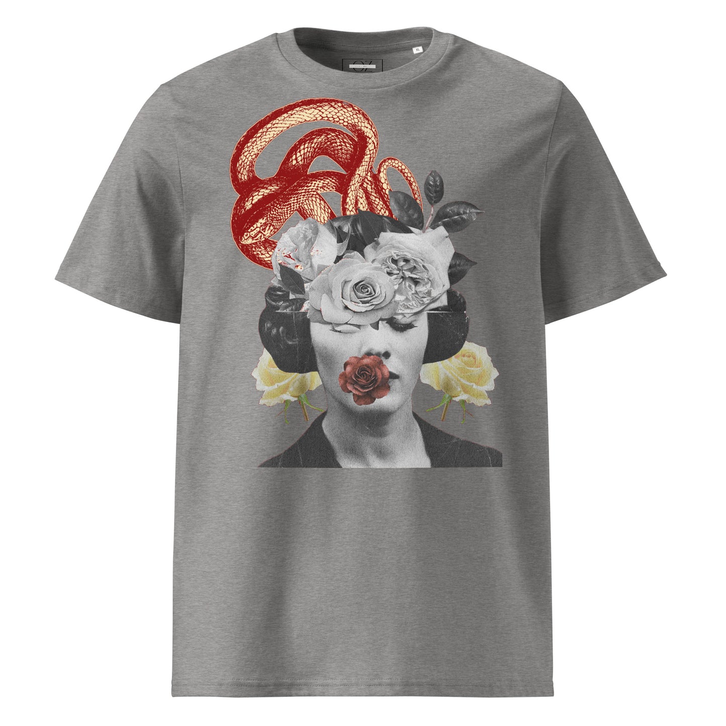 Grey unisex T-shirt featuring a surreal collage design with a vintage portrait, blooming roses, and a coiled snake.