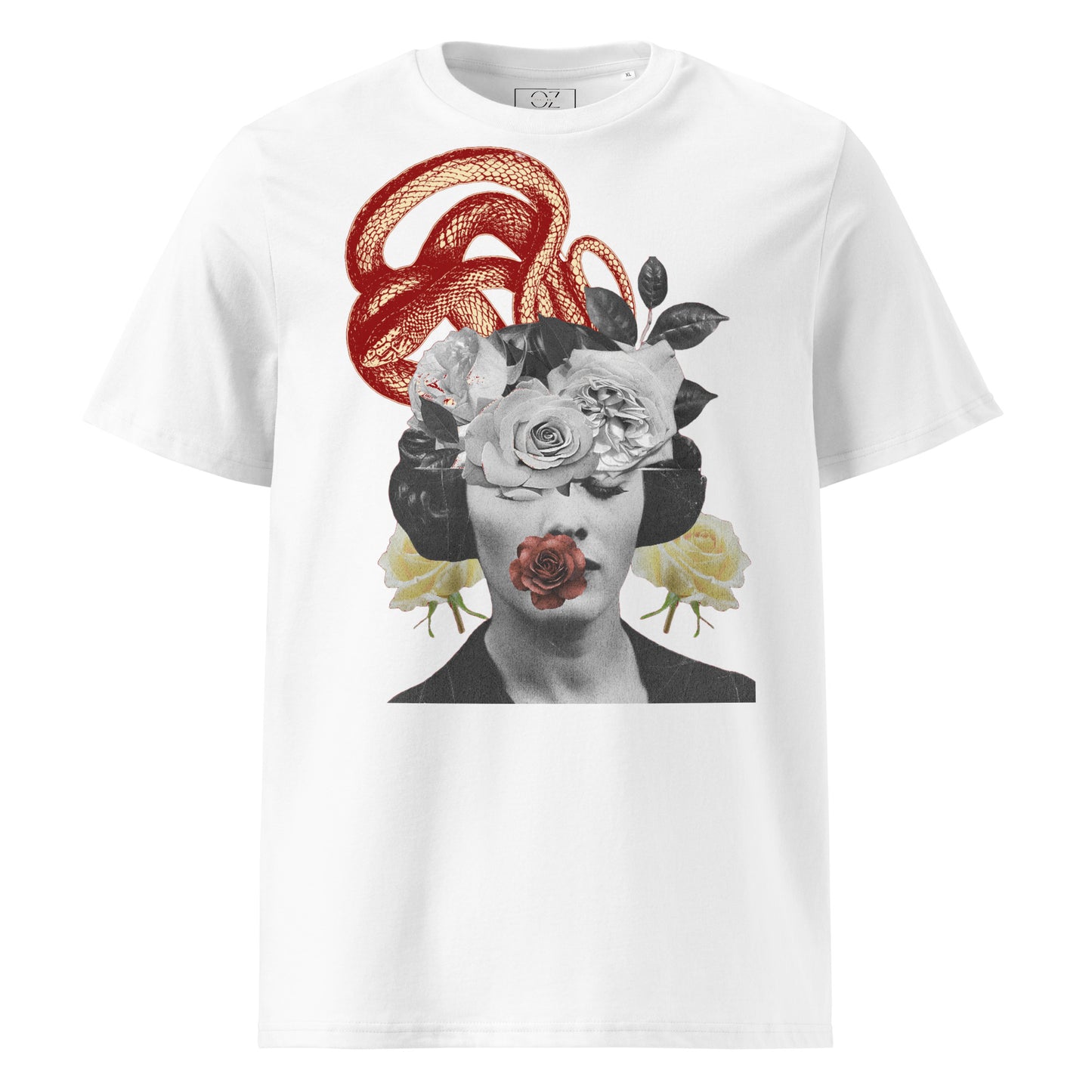 White unisex T-shirt featuring a surreal collage design with a vintage portrait, blooming roses, and a coiled snake.