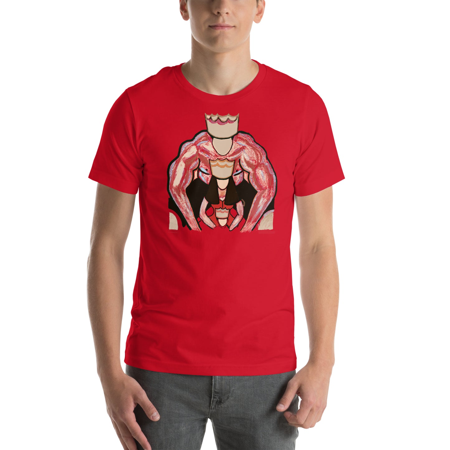Red t-shirt with a striking graphic design featuring a muscular king and queen in a powerful embrace, displayed on a light wooden background with festive decorations and gift boxes.