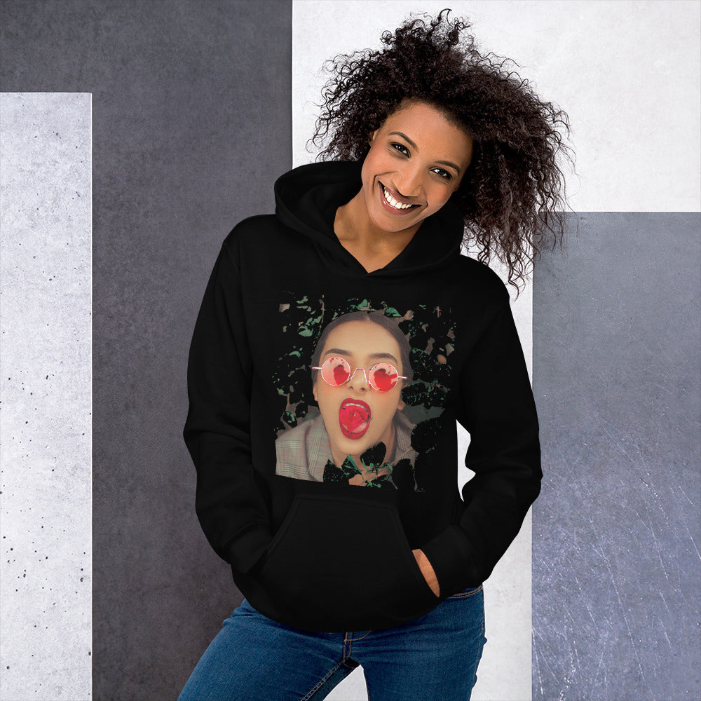 Black hoodie with bold graphic of woman in red sunglasses and open mouth – expressive pop art style streetwear sweatshirt for women or unisex