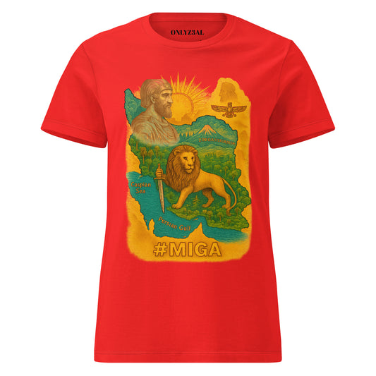 Red unisex T-shirt featuring a Persian heritage design with Cyrus the Great, rising lion and sun symbol, inspired by ancient Zoroastrian art