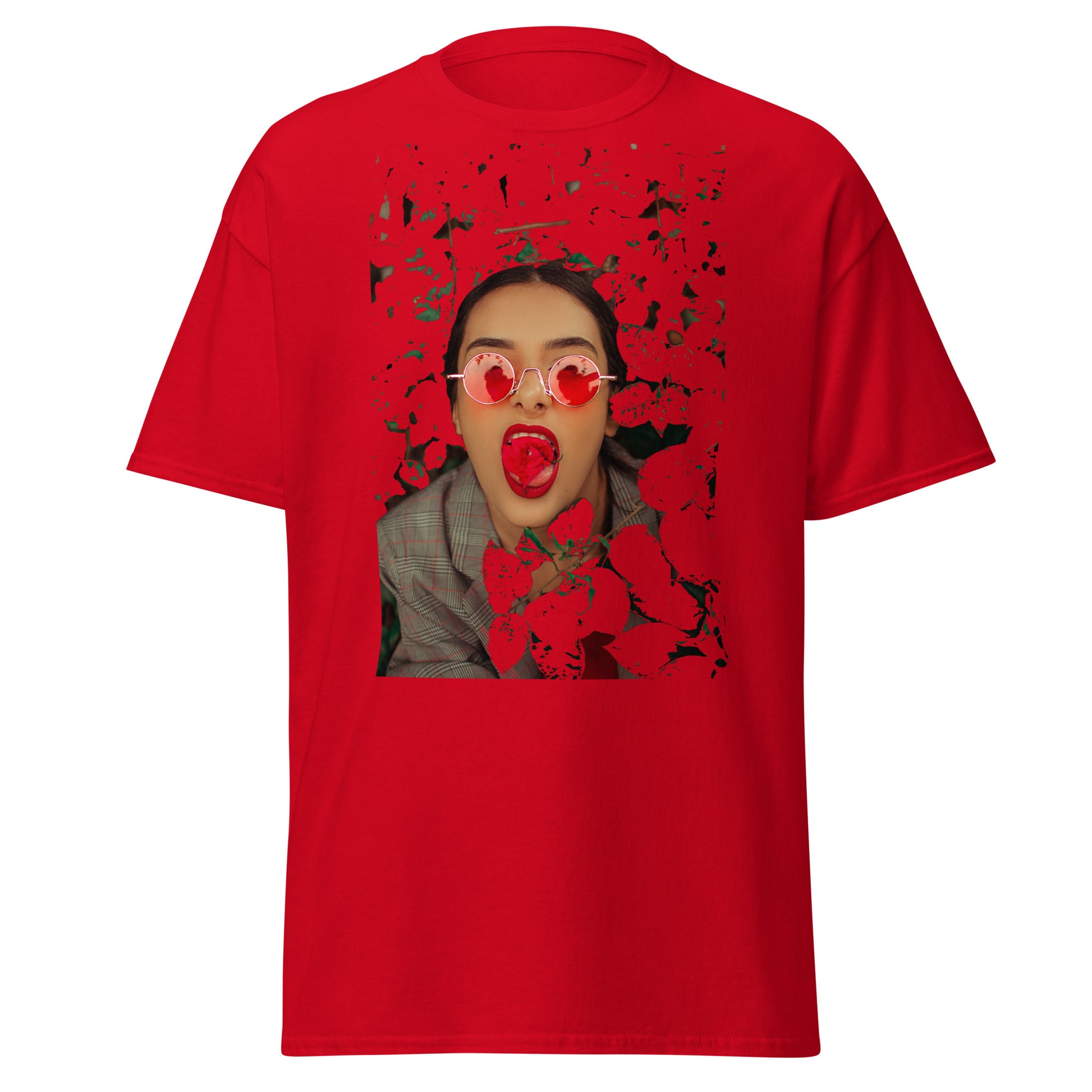 Red unisex graphic T-shirt featuring bold pop art design of woman with red sunglasses and tongue out, modern streetwear fashion