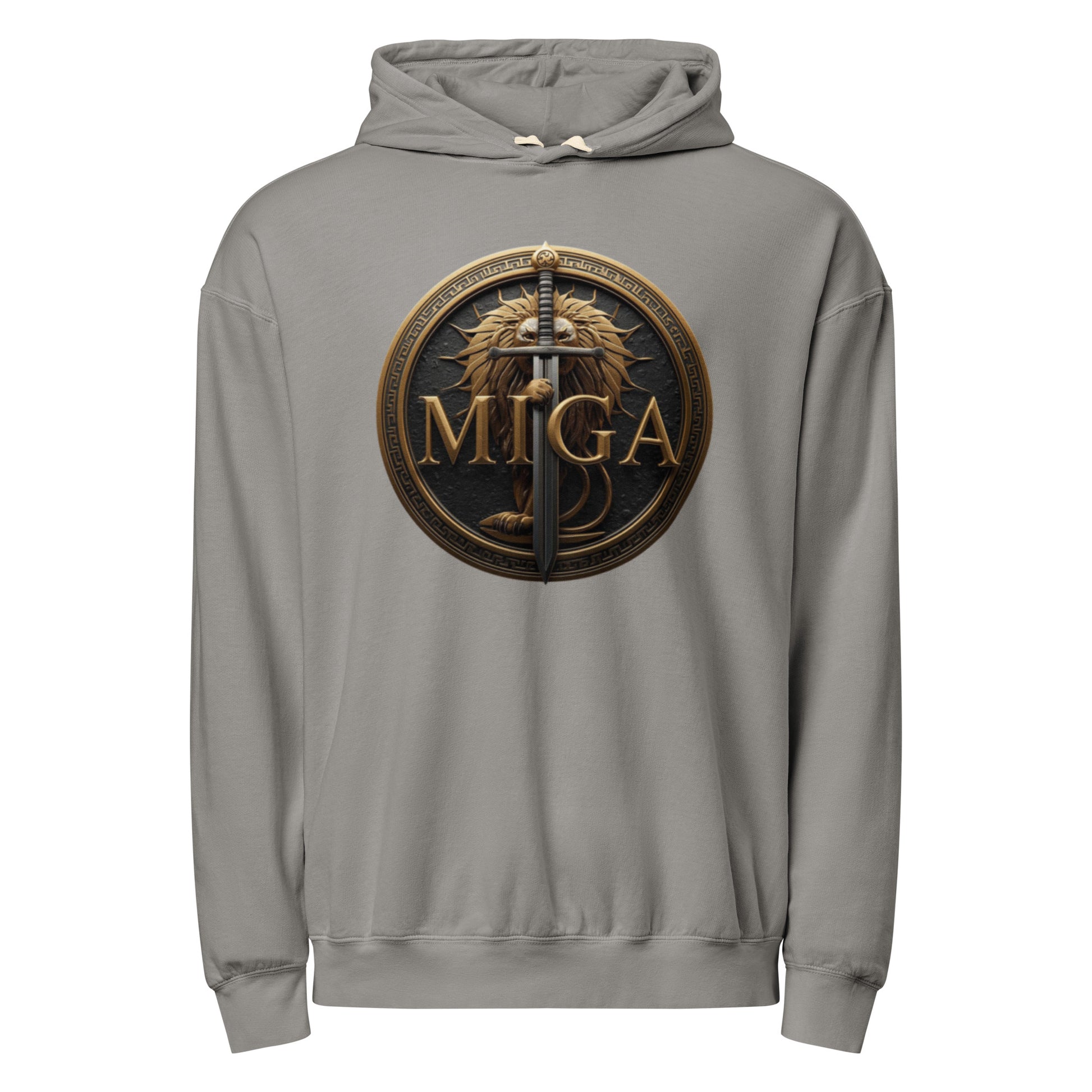 MIGA lion emblem dyed lightweight grey unisex fleece hoodie – premium streetwear hoodie USA Canada