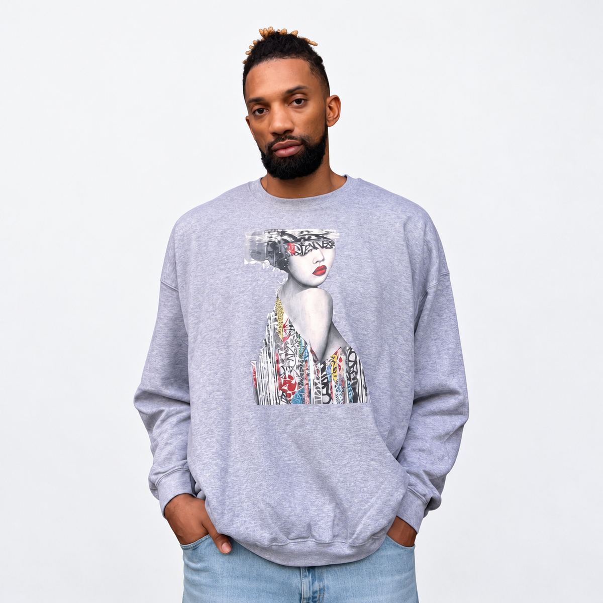 Art Collage Woman Sweatshirt – Vintage Gray Streetwear with Bold Mixed Media Design