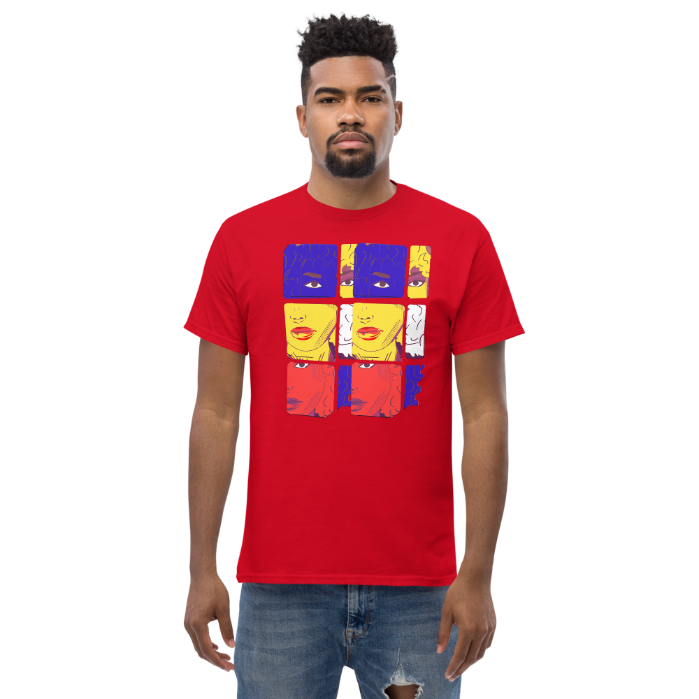 Pop Art T-Shirt, Graphic Red T-Shirt, Men's Classic Tee, Colorful Art Shirt, 100% Cotton T-Shirt, Unique Design Tee, Fashionable Graphic Tee, Artistic Apparel, Bold T-Shirt Design, Comfortable Men's T-Shirt