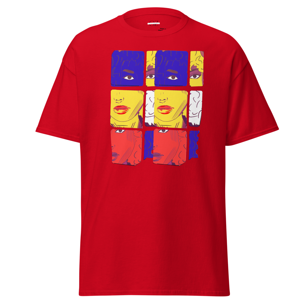 Pop Art T-Shirt, Graphic Red T-Shirt, Men's Classic Tee, Colorful Art Shirt, 100% Cotton T-Shirt, Unique Design Tee, Fashionable Graphic Tee, Artistic Apparel, Bold T-Shirt Design, Comfortable Men's T-Shirt