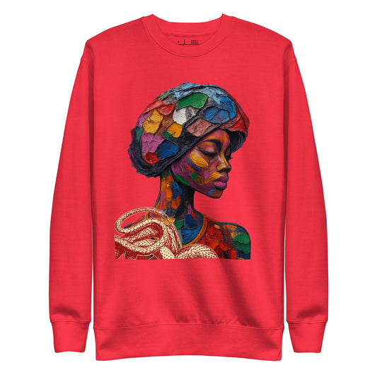 Red unisex sweatshirt featuring a bold, colorful oil-paint-style portrait of an Afro woman with a snake across her chest.