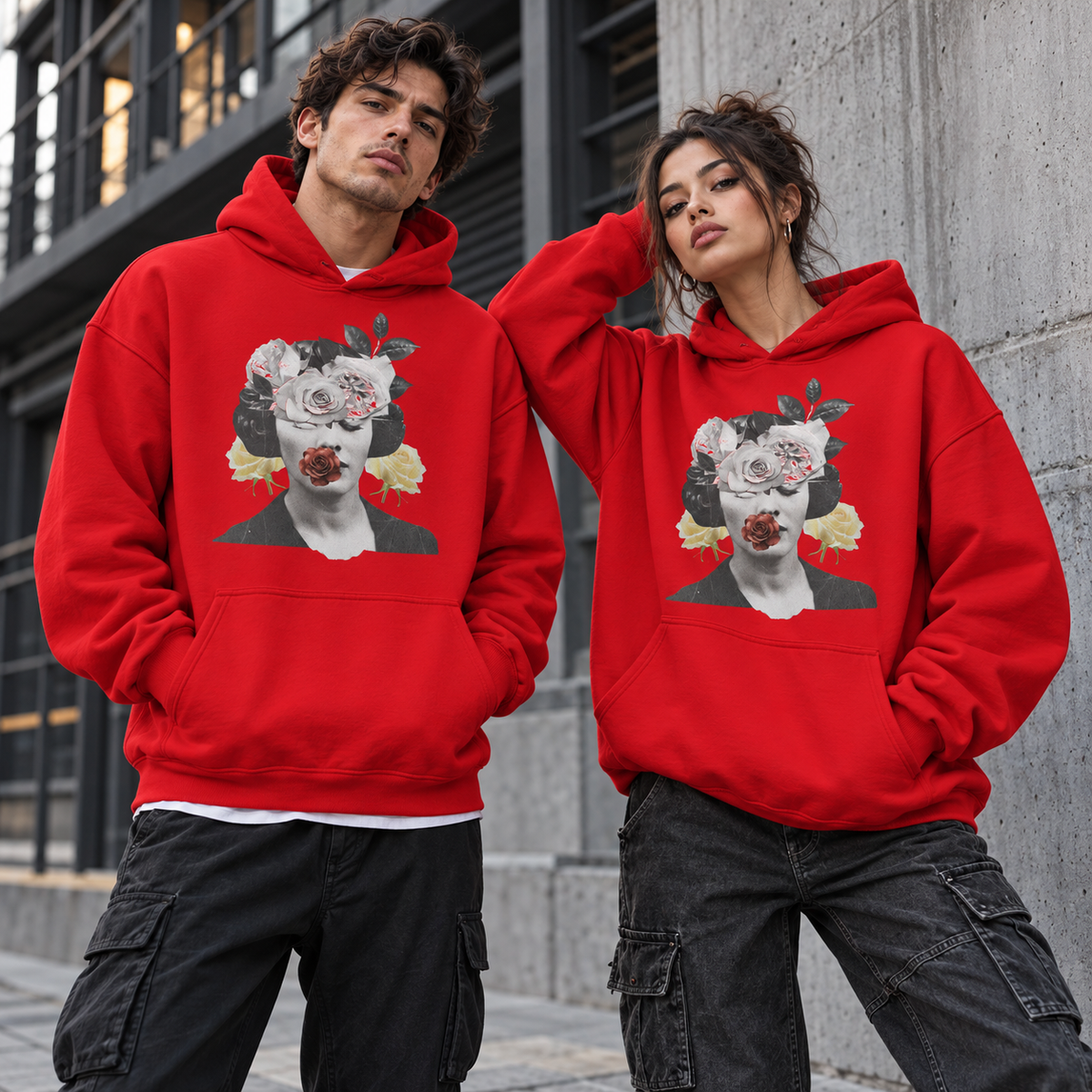 Unisex Red Hoodie – Floral Portrait Graphic Streetwear
