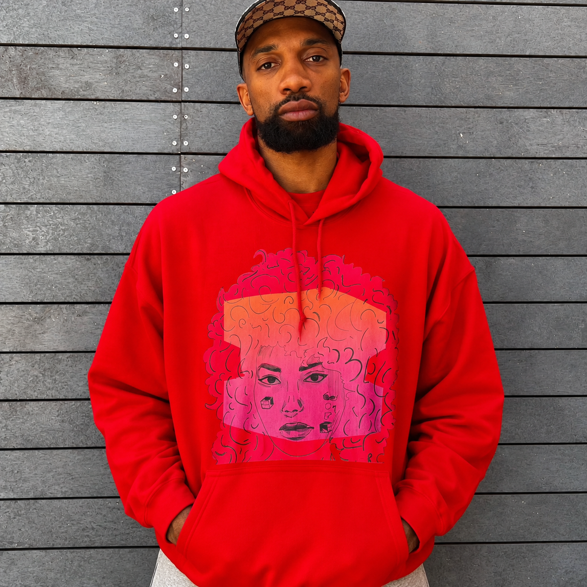 Red Face Art Hoodie – Afro Woman Illustration | Bold Streetwear Hoodie | Unisex Curly Hair Graphic Sweatshirt