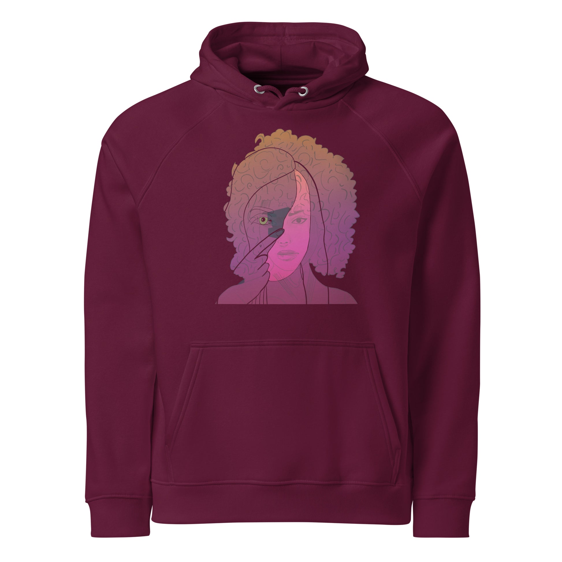 Unisex burgundy hoodie with afro portrait line art design on the front