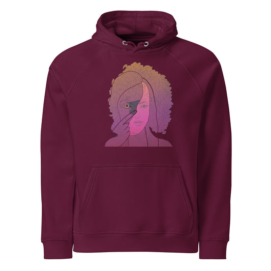 Unisex burgundy hoodie with afro portrait line art design on the front