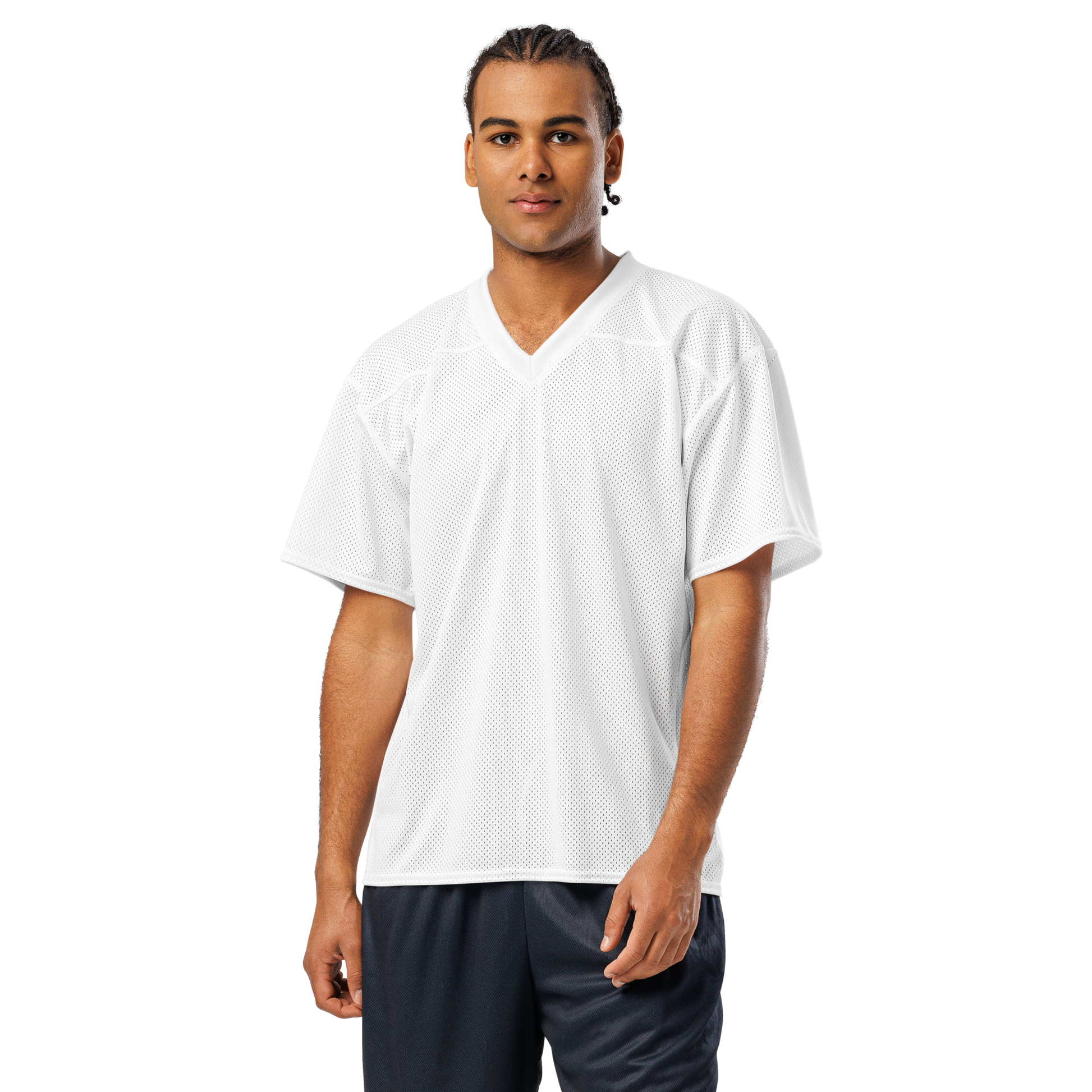 Man wearing a white mesh shirt and dark pants on a white background
