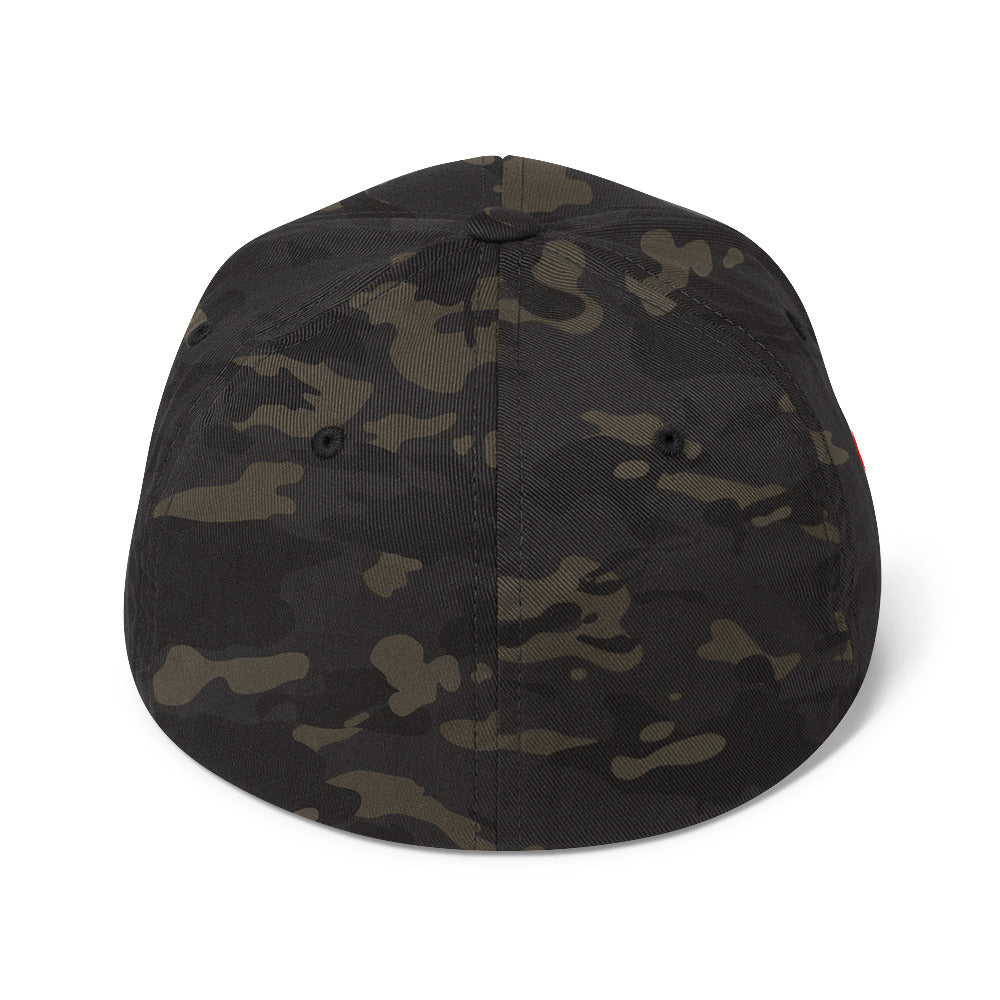 Camouflage baseball cap with red Persian calligraphy 'Hich' embroidery on the front and red power symbol on the side