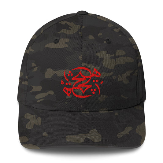 Camouflage baseball cap with red Persian calligraphy 'Hich' embroidery on the front and red power symbol on the side
