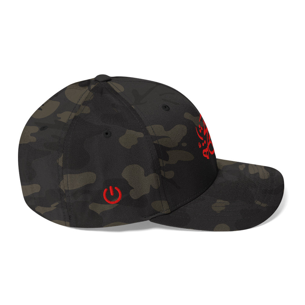 Camouflage baseball cap with red Persian calligraphy 'Hich' embroidery on the front and red power symbol on the side