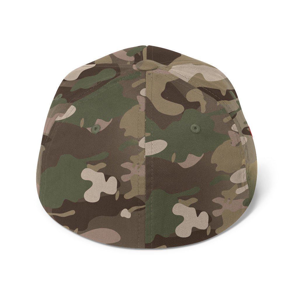 Camouflage baseball cap with red Persian calligraphy 'Hich' embroidery on the front and red power symbol on the side