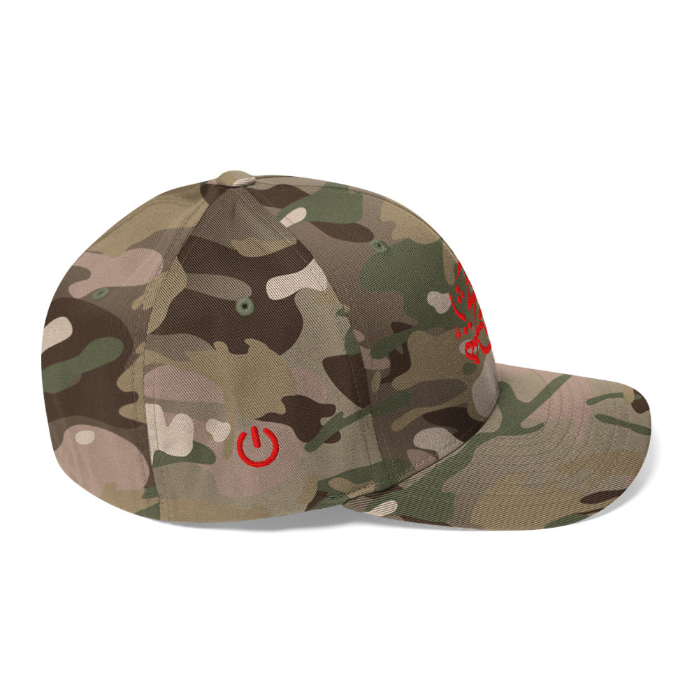 Camouflage baseball cap with red Persian calligraphy 'Hich' embroidery on the front and red power symbol on the side