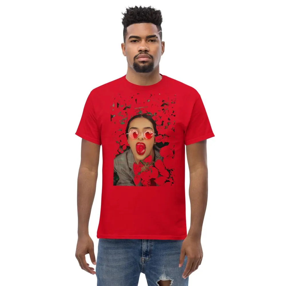 Red unisex graphic T-shirt featuring bold pop art design of woman with red sunglasses and tongue out, modern streetwear fashion