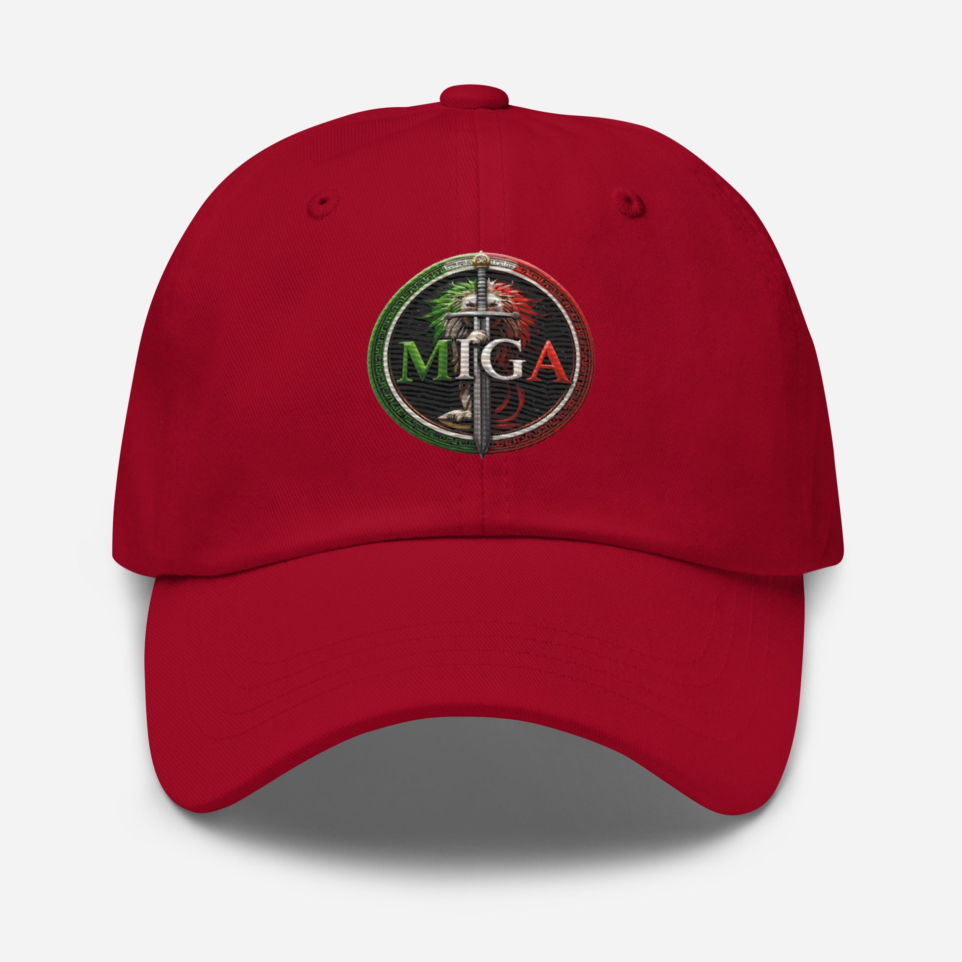 MIGA lion emblem embroidered dad hat in cranberry red, unisex adjustable cap product