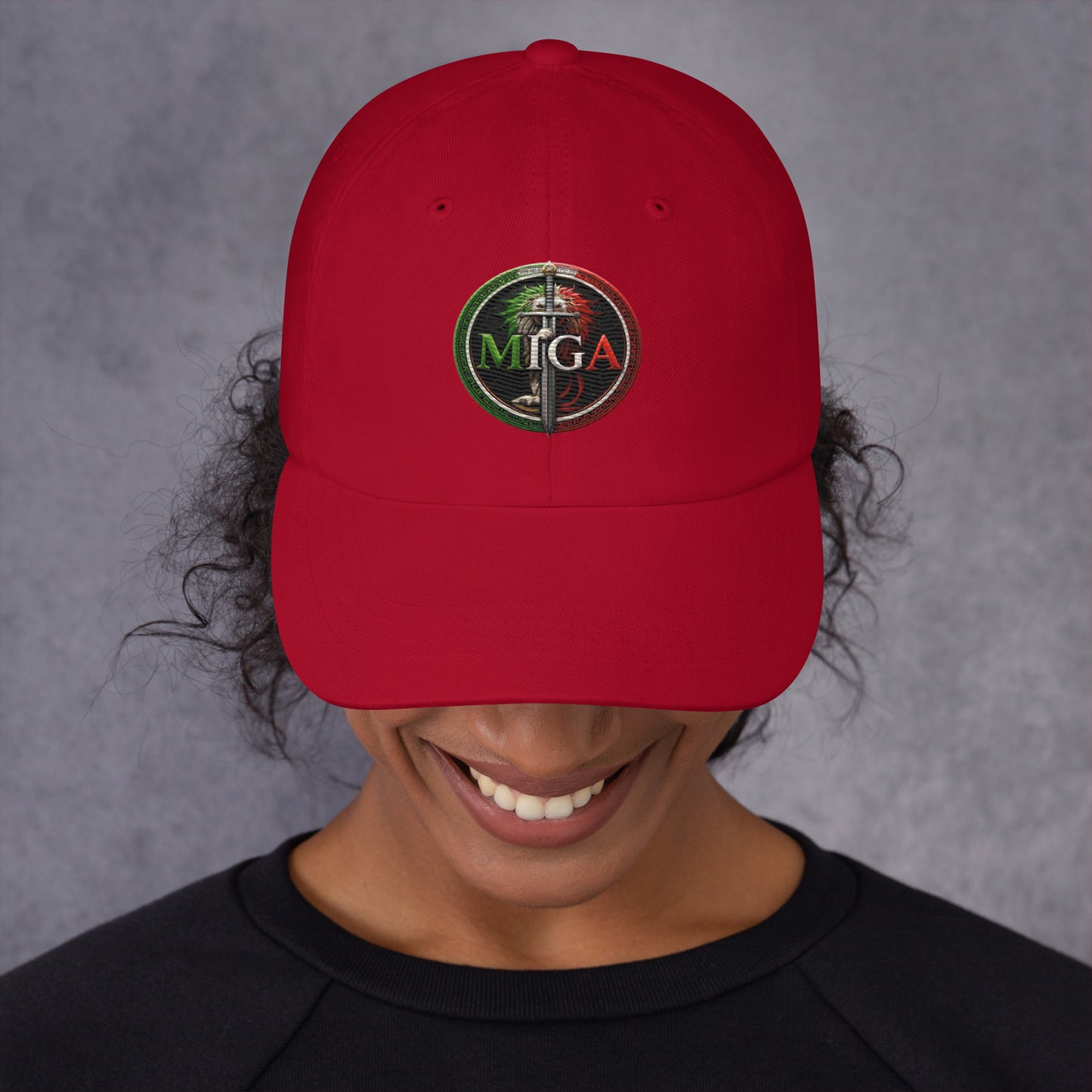MIGA lion emblem embroidered dad hat in cranberry red, unisex adjustable cap